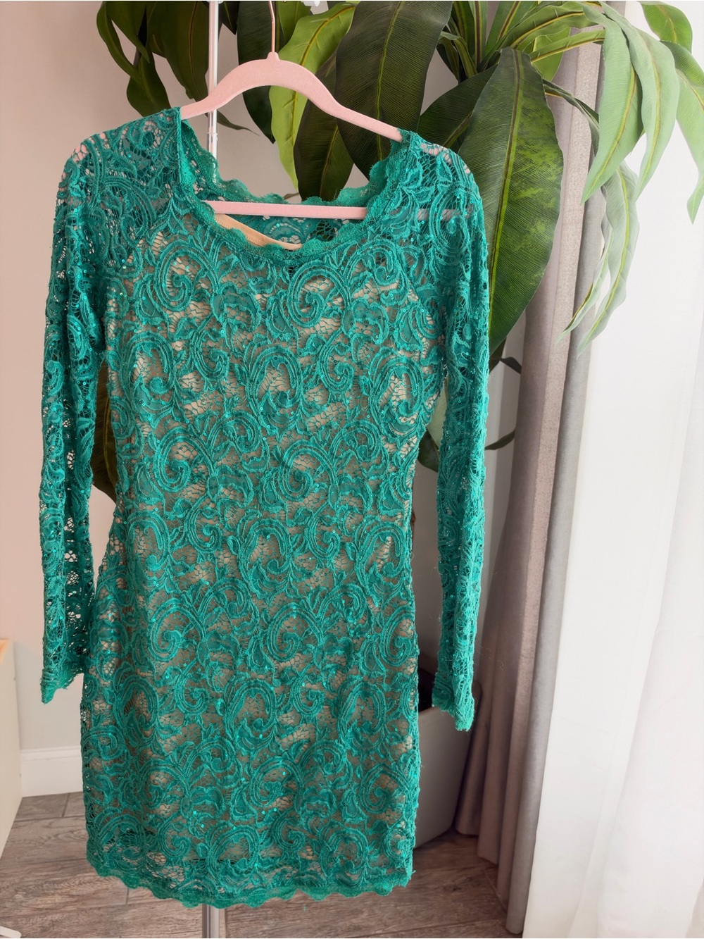 Sequin Hearts Teal Green Lace Long Sleeve Dress